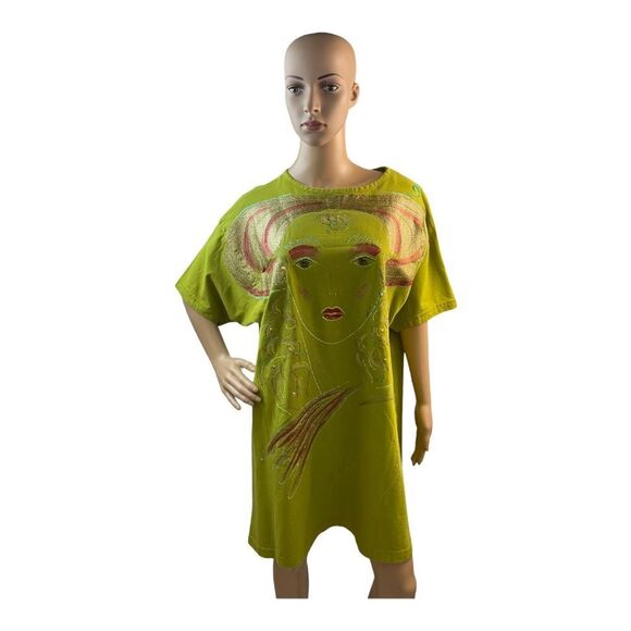 Women’s Vintage Green Handmade Painting T-Shirt Dress Size One Size. - Picture 2 of 14